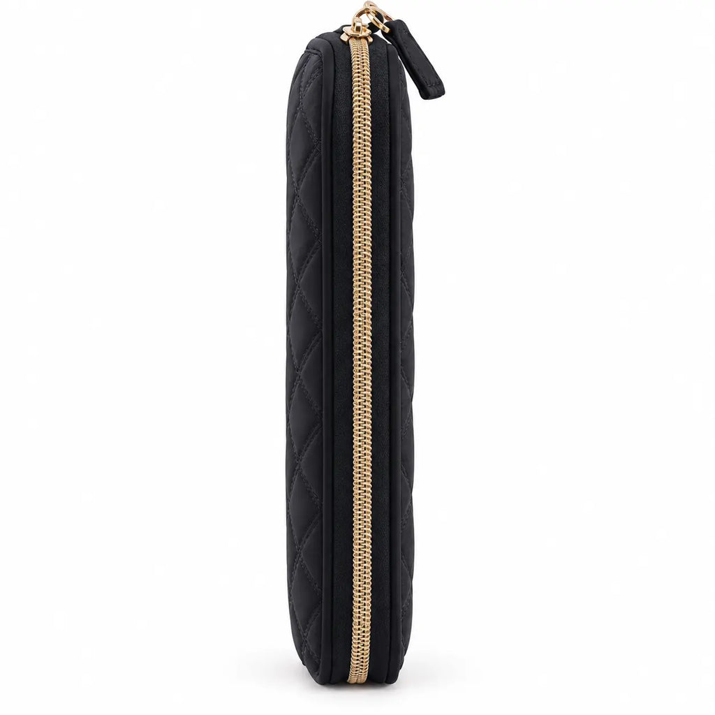 Side view of ZINGCRATER black quilted crochet hook case showing its slim profile and gold zipper
