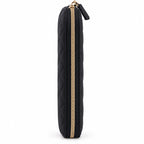 Side view of ZINGCRATER black quilted crochet hook case showing its slim profile and gold zipper
