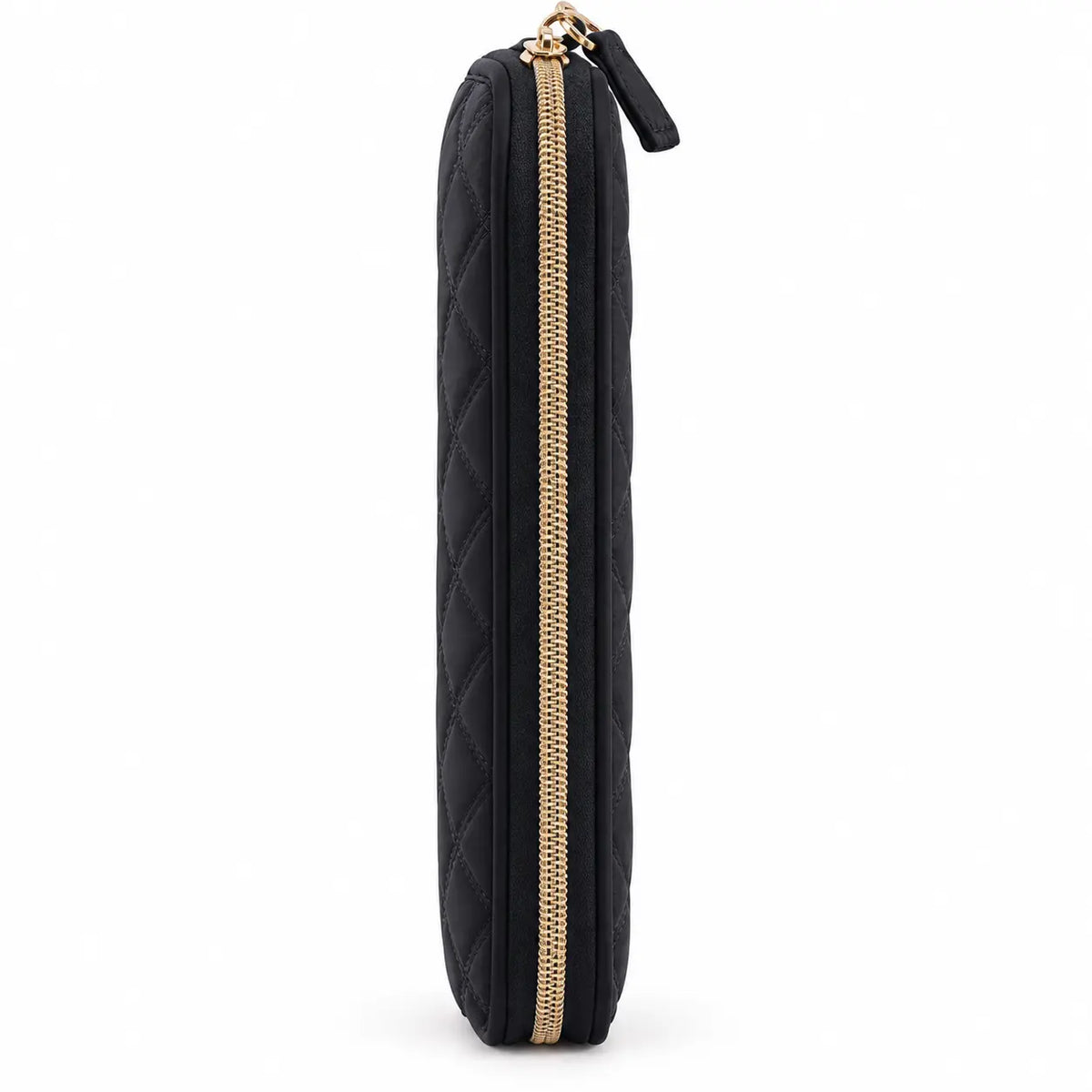 Side view of ZINGCRATER black quilted crochet hook case showing its slim profile and gold zipper