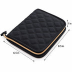 Dimensions of ZINGCRATER black quilted crochet hook case measuring 8.5 x 6.5 x 1 inches