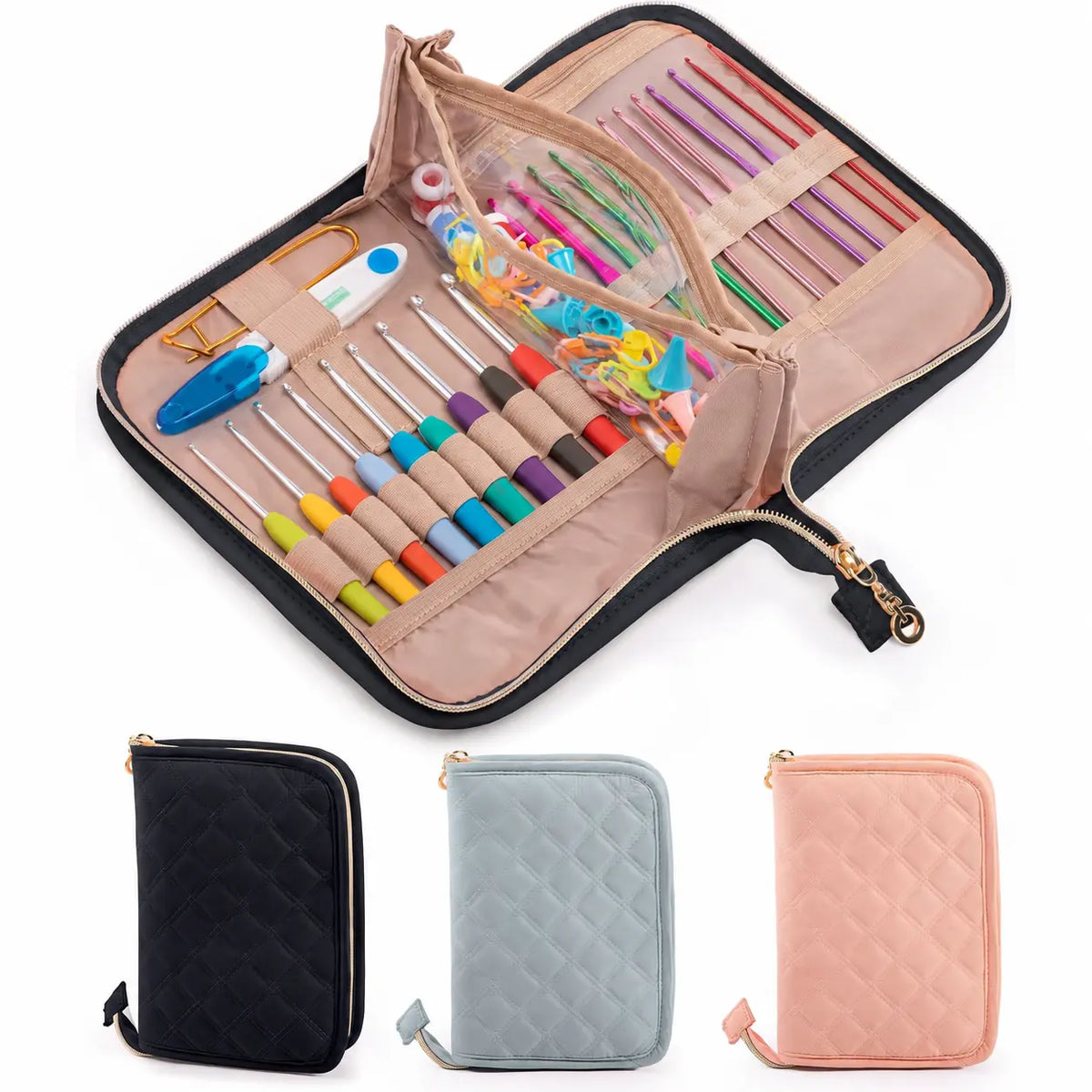 Interior view of ZINGCRATER black quilted crochet hook case with crochet hooks and accessories organized in elastic slots and clear pockets