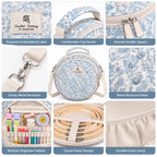 Detail view of ZINGCRATER Blue Flower embroidery project bag showing top handle, double zippers, metal hardware, organizer pockets and floral fabric