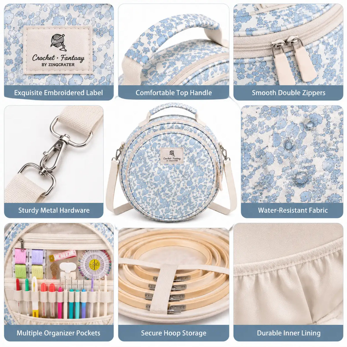 Detail view of ZINGCRATER Blue Flower embroidery project bag showing top handle, double zippers, metal hardware, organizer pockets and floral fabric