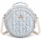 Front view of ZINGCRATER Blue Flower embroidery project bag with quilted round design, top handle and adjustable shoulder strap