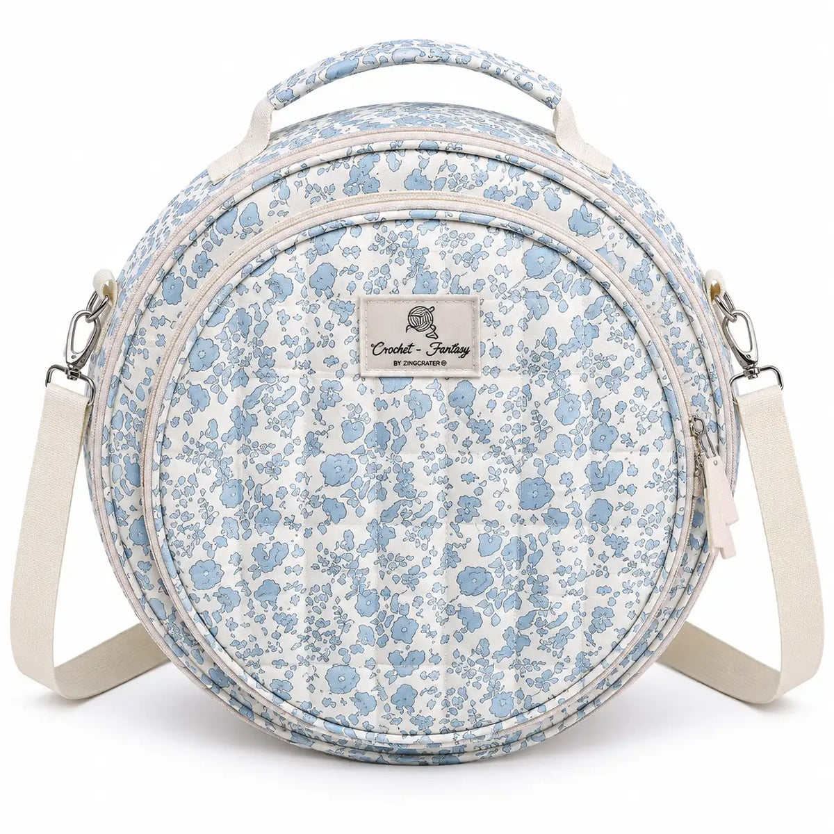Front view of ZINGCRATER Blue Flower embroidery project bag with quilted round design, top handle and adjustable shoulder strap