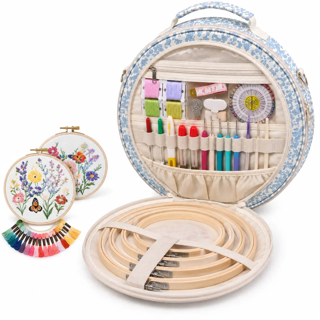 Interior storage view of ZINGCRATER Blue Flower embroidery project bag with organizer pockets, elastic tool slots and embroidery hoop storage