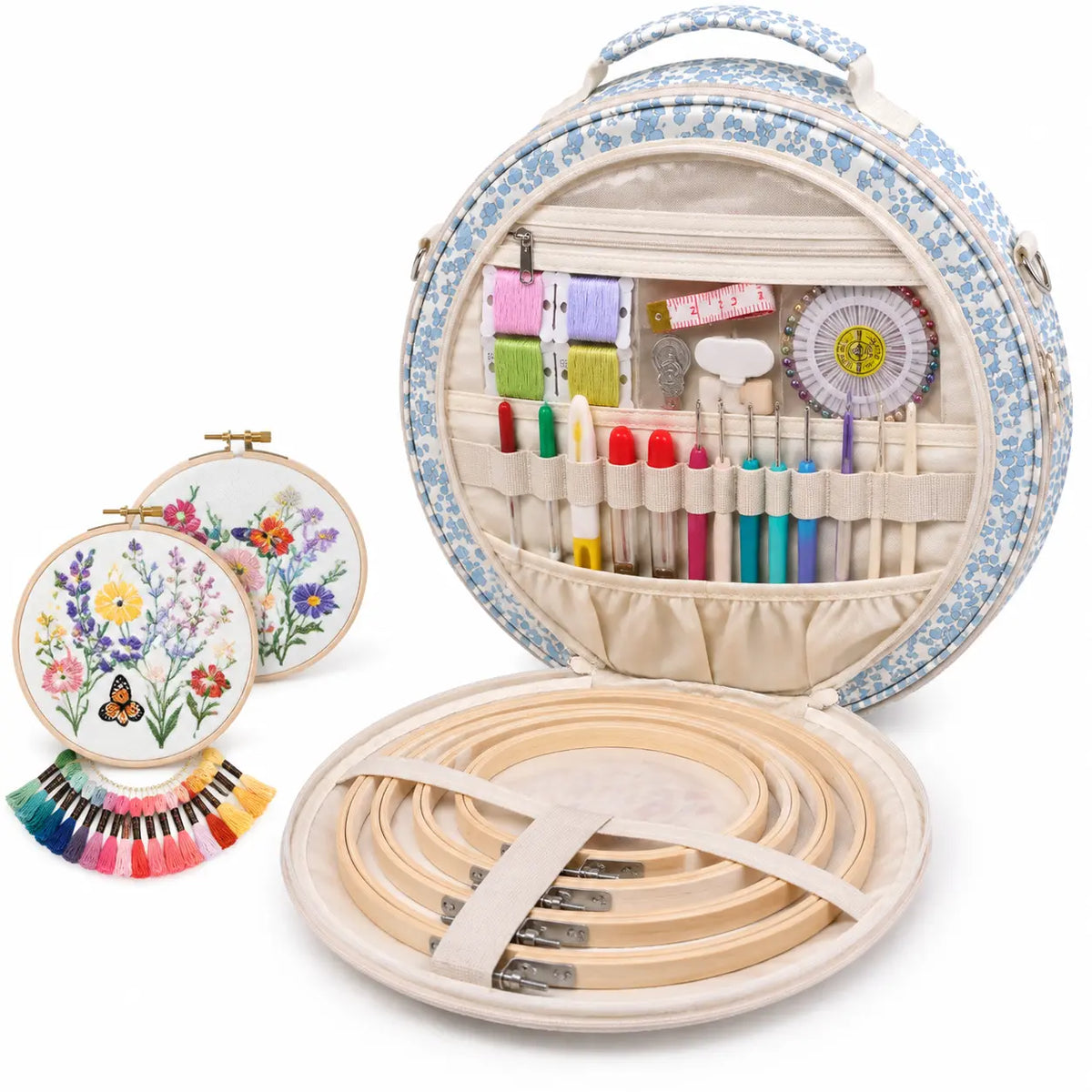 Interior storage view of ZINGCRATER Blue Flower embroidery project bag with organizer pockets, elastic tool slots and embroidery hoop storage