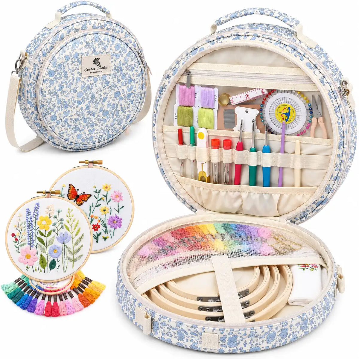 Open storage view of ZINGCRATER Blue Flower embroidery project bag with compartments for embroidery hoops, floss and accessories
