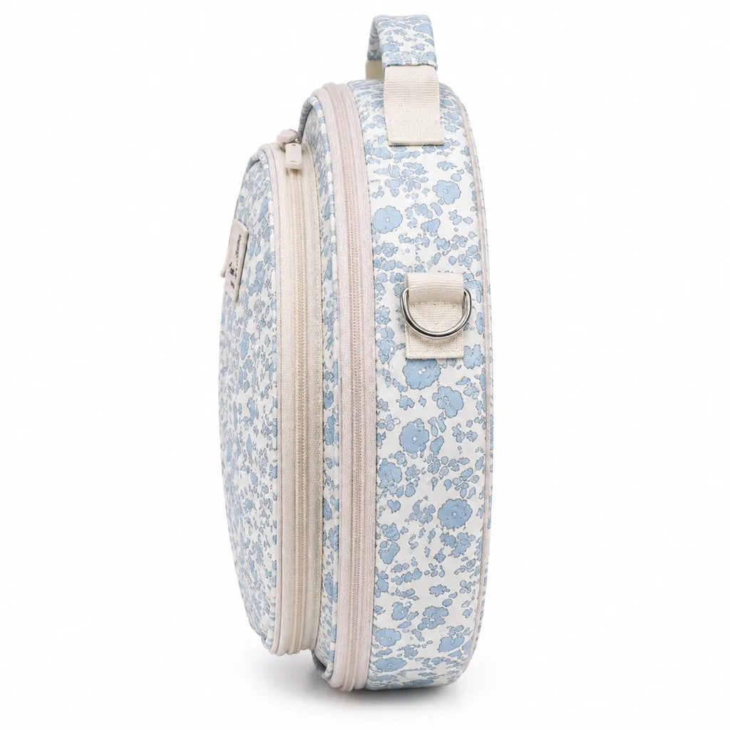 Side view of ZINGCRATER Blue Flower embroidery project bag showing dual zippered compartments, top handle and strap hardware