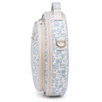 Side view of ZINGCRATER Blue Flower embroidery project bag showing dual zippered compartments, top handle and strap hardware