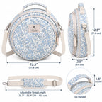 Size and dimensions view of ZINGCRATER Blue Flower embroidery project bag measuring 12.5 x 12.5 x 2.5 inches with adjustable shoulder strap