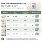 ZINGCRATER #10 chunky yarn blanket size guide showing estimated jumbo yarn amounts for kids, throw, twin, queen and king blankets