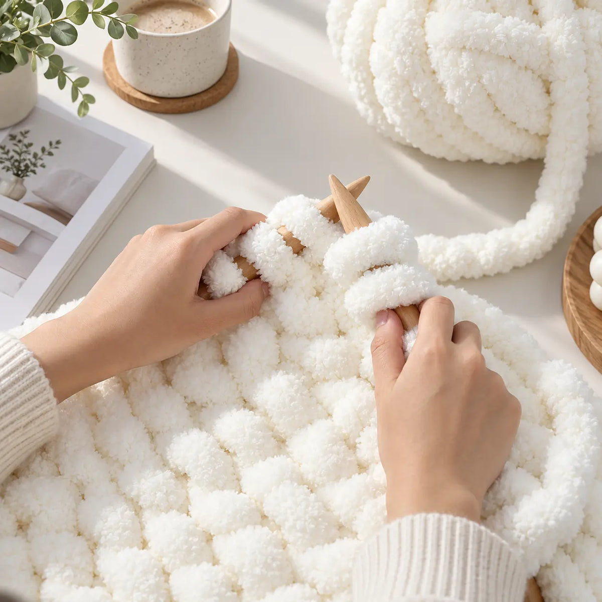 ZINGCRATER chunky yarn for hand knitting a soft white blanket with extreme jumbo yarn and large knitting needles