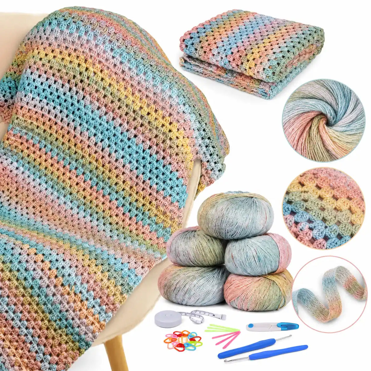ZINGCRATER Classical Gradient crochet yarn kit with multicolor yarn and crochet accessories, shown with a finished project