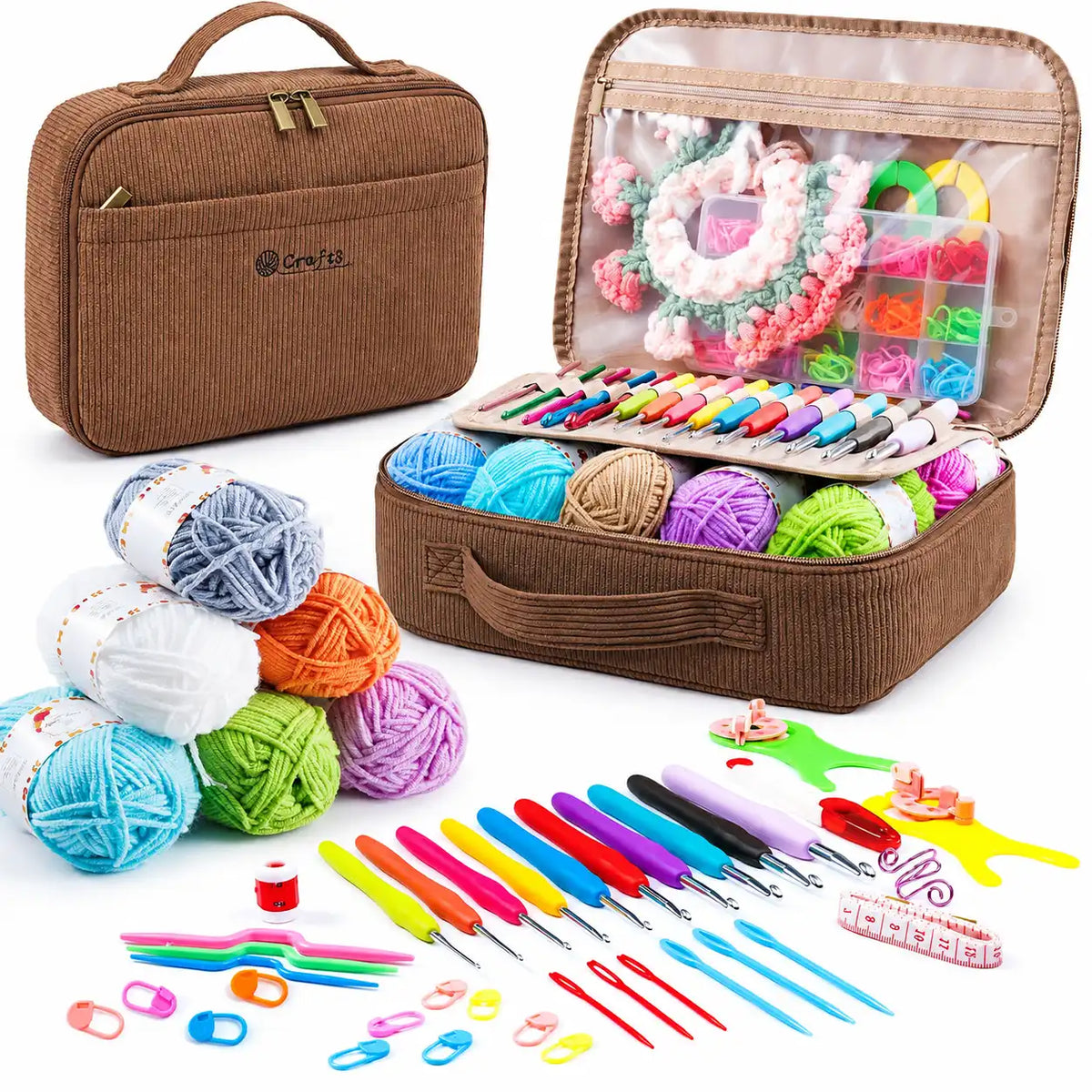 ZINGCRATER complete crochet kit set view with brown corduroy case, crochet hooks, yarn, stitch markers, needles and accessories