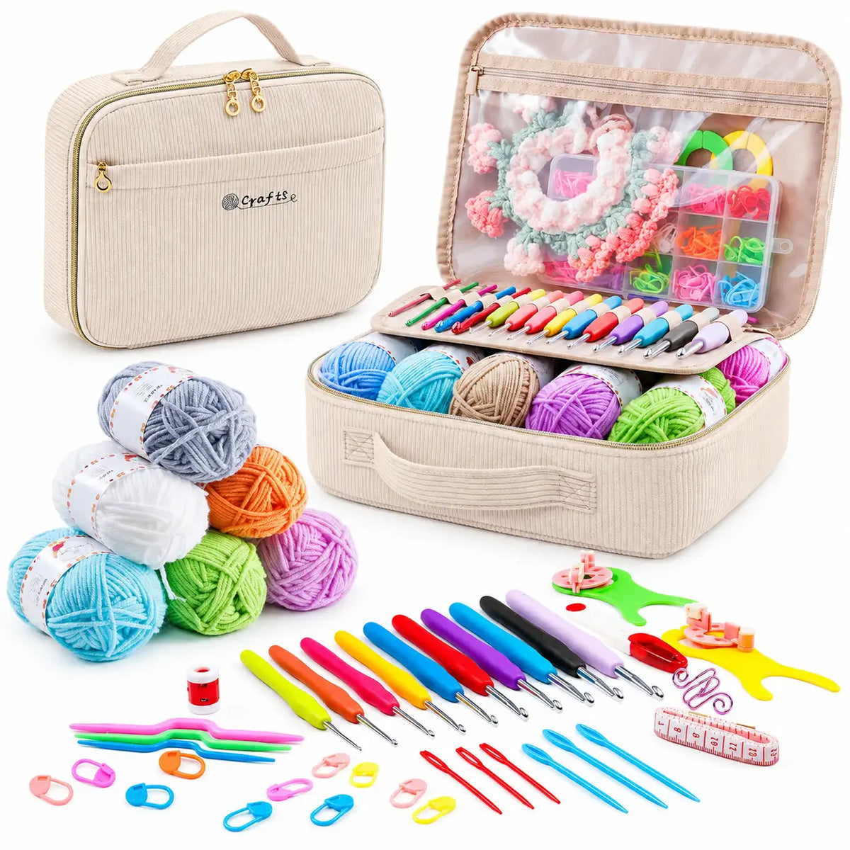 ZINGCRATER complete crochet kit with cream corduroy organizer case, colorful yarn, crochet hooks, stitch markers, needles and crafting accessories