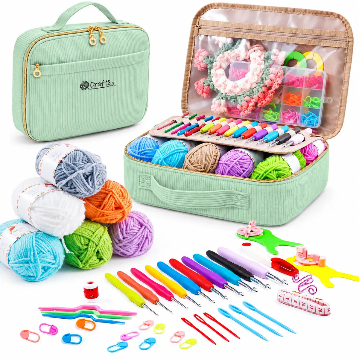 ZINGCRATER complete crochet kit set view with mint green corduroy case, crochet hooks, yarn, stitch markers, needles and accessories