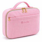 Angled view of ZINGCRATER pink corduroy crochet kit organizer case with front storage pocket, carry handle and gold zippers