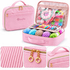 ZINGCRATER pink corduroy crochet kit showing textured fabric, gold zipper hardware, carrying handle and organized crochet supplies