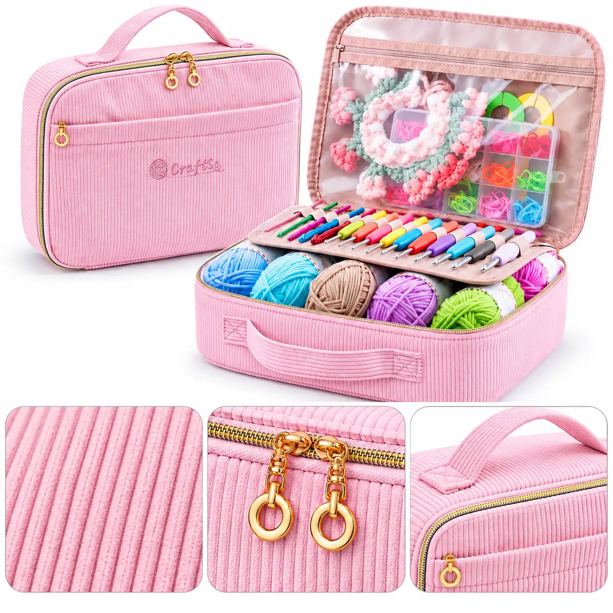ZINGCRATER pink corduroy crochet kit showing textured fabric, gold zipper hardware, carrying handle and organized crochet supplies