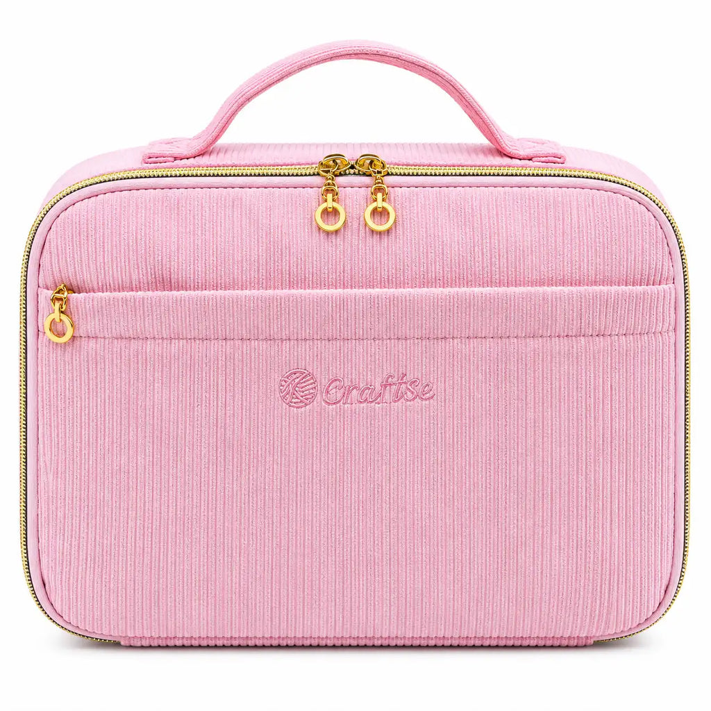 Front view of ZINGCRATER pink corduroy crochet kit organizer case with carrying handle, front pocket and gold zipper closure
