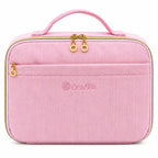 Front view of ZINGCRATER pink corduroy crochet kit organizer case with carrying handle, front pocket and gold zipper closure