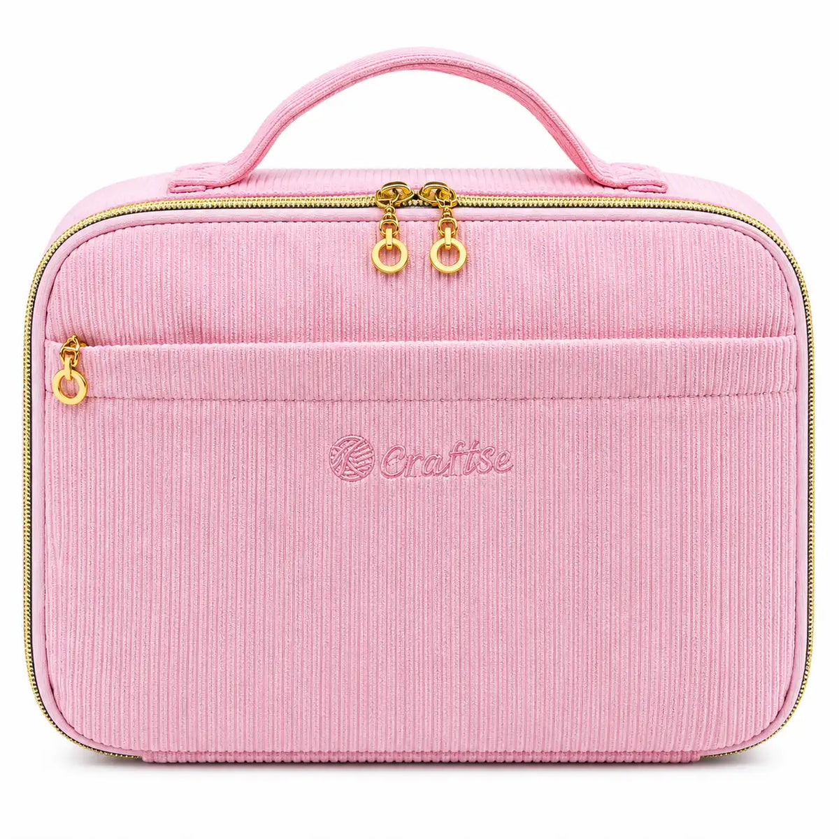 Front view of ZINGCRATER pink corduroy crochet kit organizer case with carrying handle, front pocket and gold zipper closure