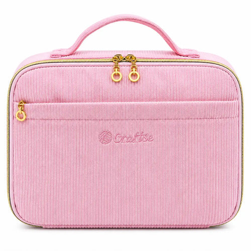 Front view of ZINGCRATER pink corduroy crochet kit organizer case with carrying handle, front pocket and gold zipper closure