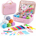 ZINGCRATER complete crochet kit with pink corduroy organizer case, colorful yarn, crochet hooks, stitch markers, needles and crafting accessories