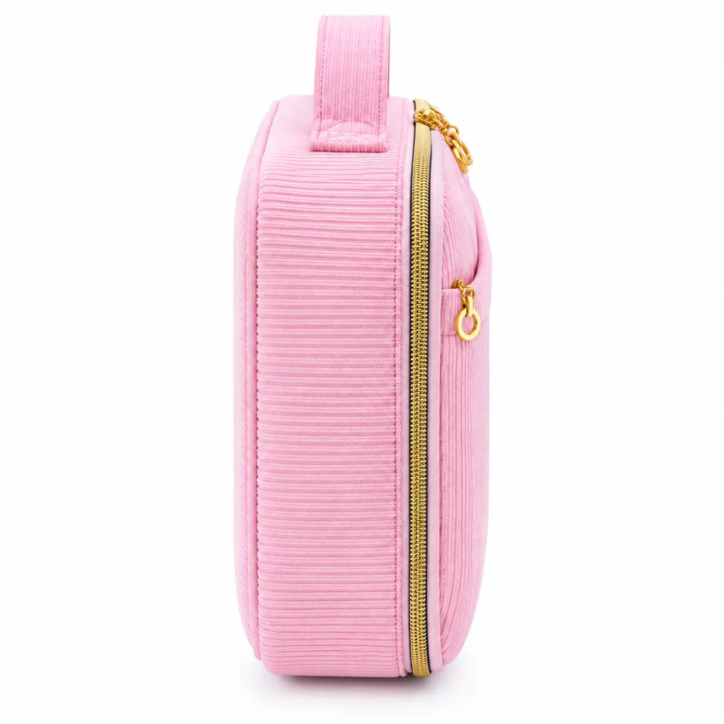 Side view of ZINGCRATER pink corduroy crochet kit organizer case showing structured depth, carry handle and gold zipper closure