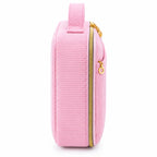 Side view of ZINGCRATER pink corduroy crochet kit organizer case showing structured depth, carry handle and gold zipper closure