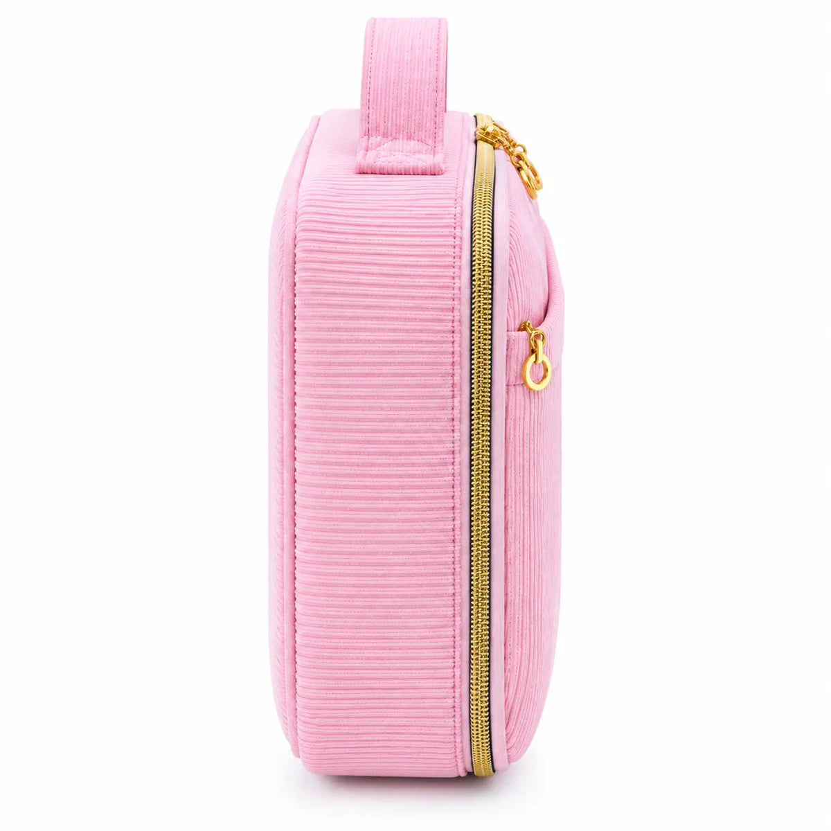 Side view of ZINGCRATER pink corduroy crochet kit organizer case showing structured depth, carry handle and gold zipper closure