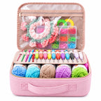 Open ZINGCRATER pink crochet kit organizer with yarn skeins, ergonomic crochet hooks, stitch markers and accessory storage compartments