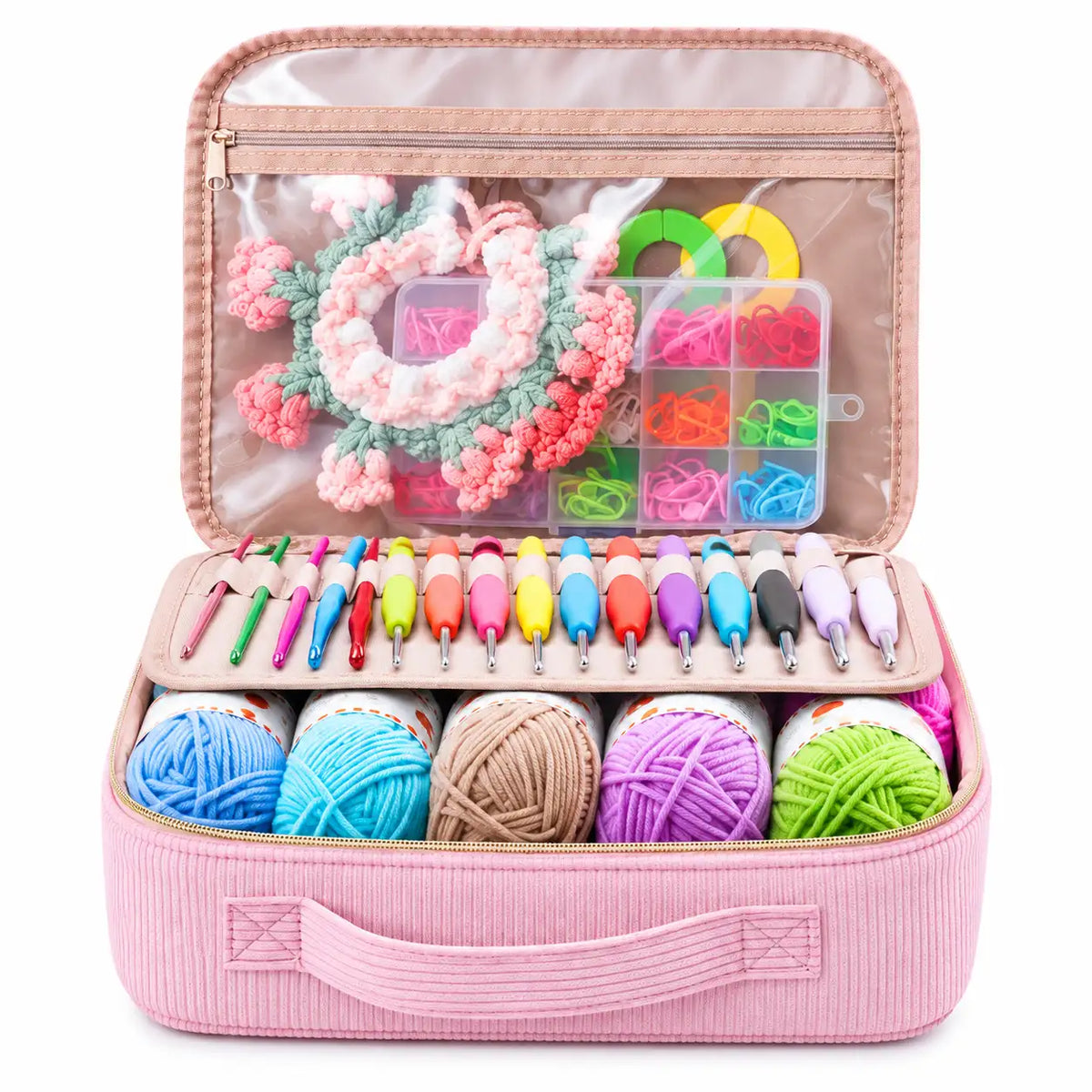 Open ZINGCRATER pink crochet kit organizer with yarn skeins, ergonomic crochet hooks, stitch markers and accessory storage compartments