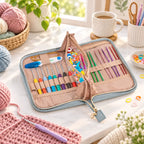 ZINGCRATER gray blue crochet hook case on a craft table with organized crochet supplies
