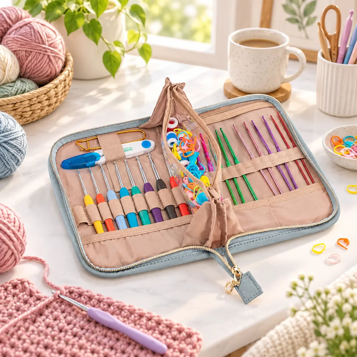 ZINGCRATER gray blue crochet hook case on a craft table with organized crochet supplies