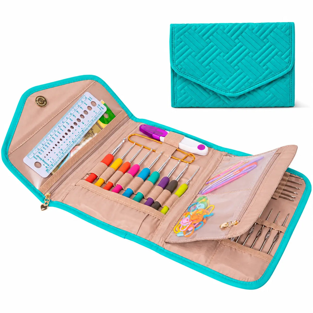 ZINGCRATER crochet hook case with organized storage, accessories shown for display only