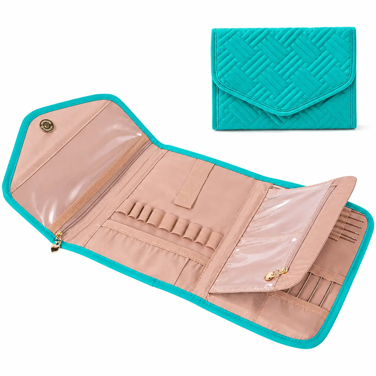 ZINGCRATER teal crochet hook organizer case with elastic slots and clear zipper pockets