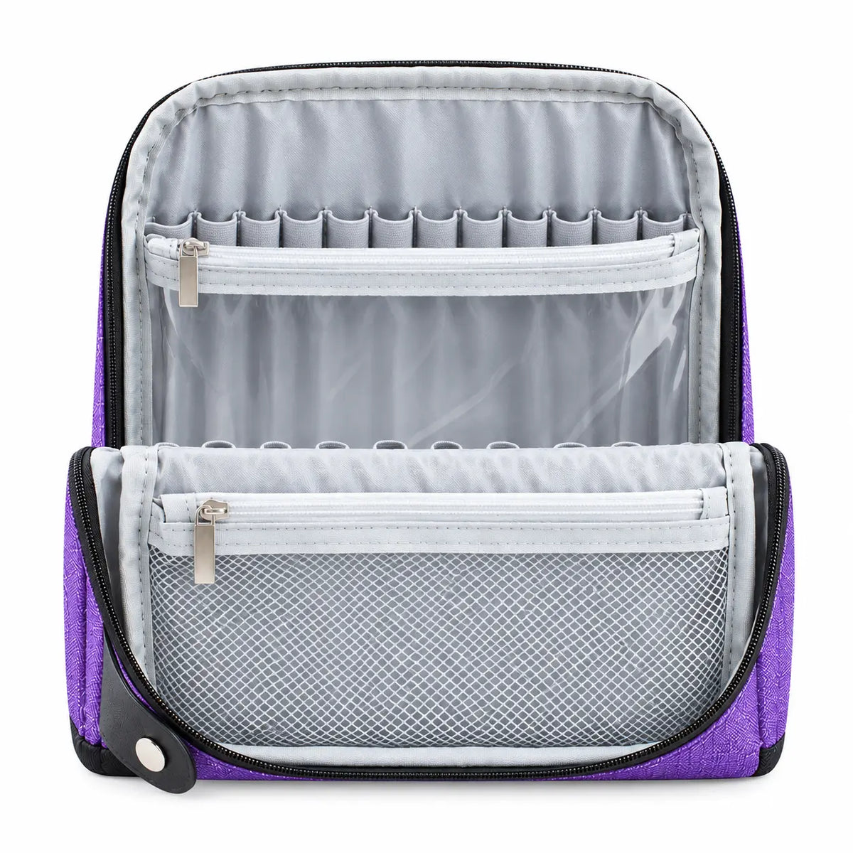 ZINGCRATER crochet hook organizer with multiple elastic hook slots, clear zippered compartment and mesh accessory pocket
