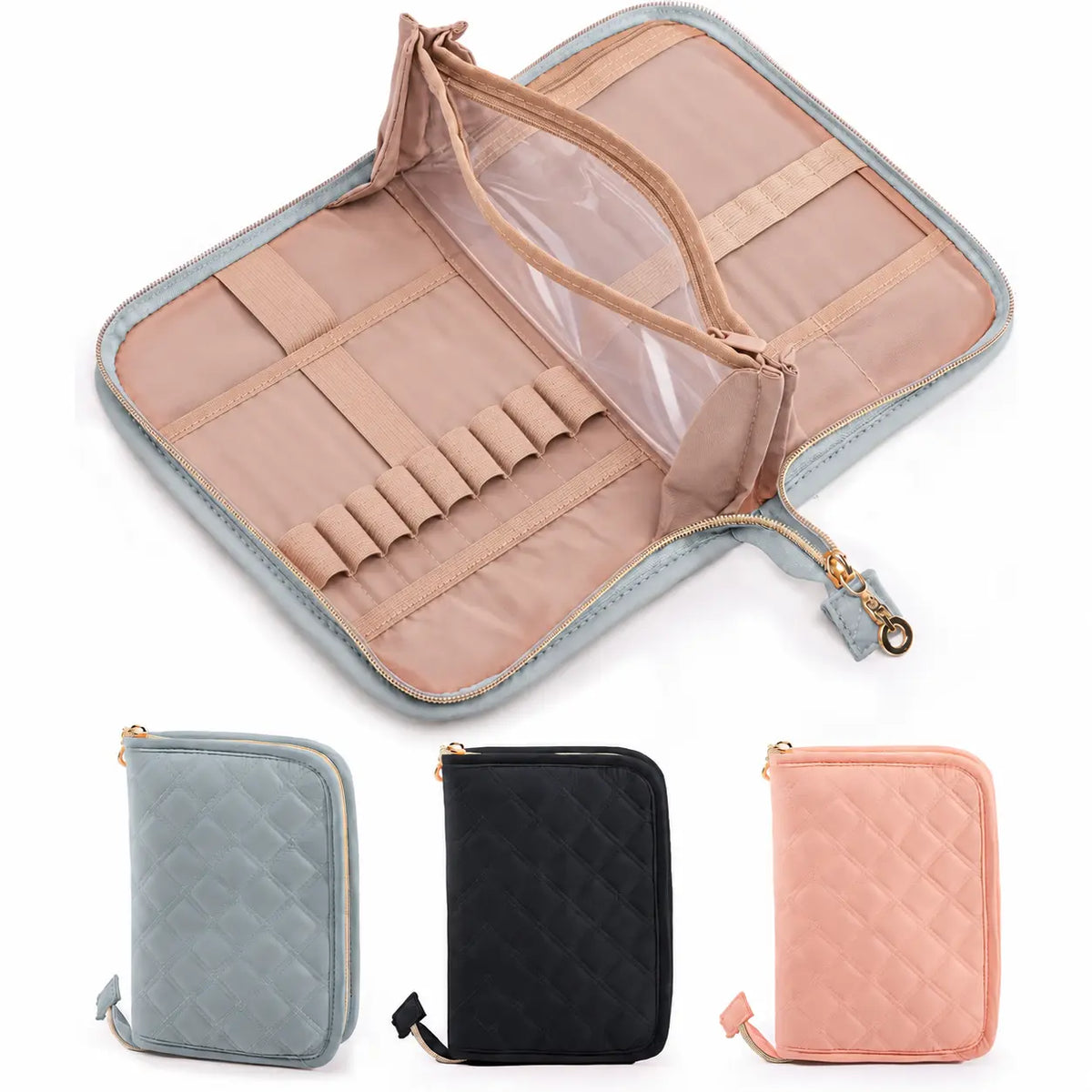 ZINGCRATER gray blue crochet hook organizer with elastic slots and clear zippered pockets