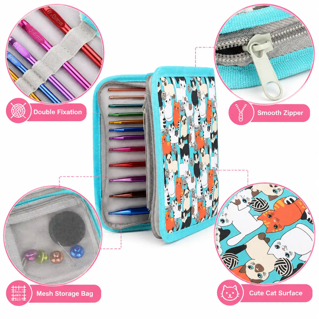 ZINGCRATER crochet hook set with organizer case, elastic hook holders, mesh accessory pocket and smooth zipper