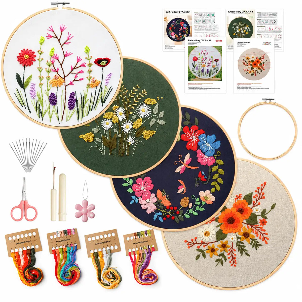 ZINGCRATER embroidery kit with floral patterns, bamboo hoop, embroidery threads, needles, scissors and stitching tools