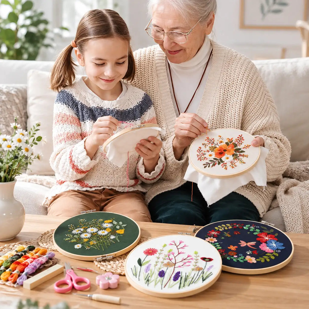 ZINGCRATER embroidery kit for beginners enjoyed by an adult and child, featuring floral hand embroidery projects and supplies