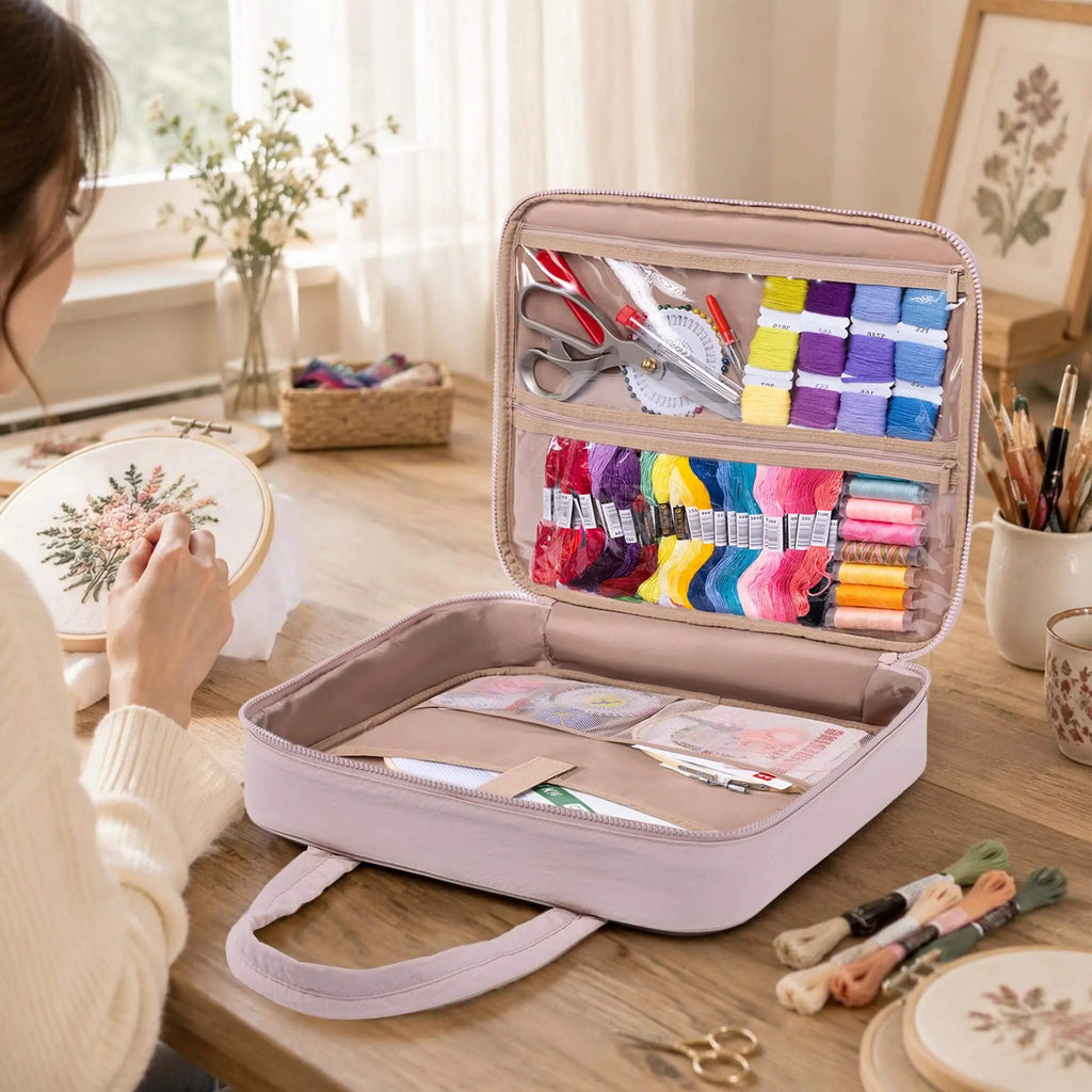 Crafter using a Zingcrater embroidery organizer bag filled with colorful floss, scissors, and needlework supplies