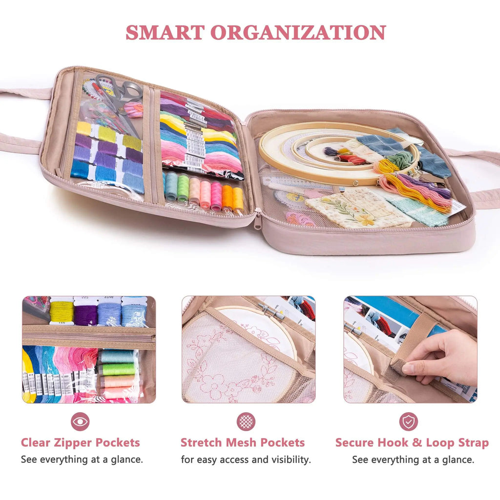 Zingcrater embroidery organizer bag with clear zipper pockets, stretch mesh compartments, and a secure strap