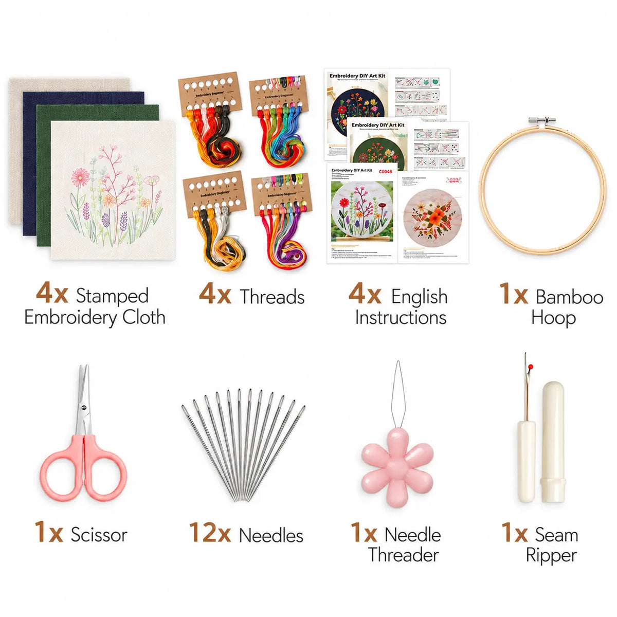 ZINGCRATER embroidery starter kit with 4 stamped cloths, threads, instructions, bamboo hoop, needles, scissors and sewing tools