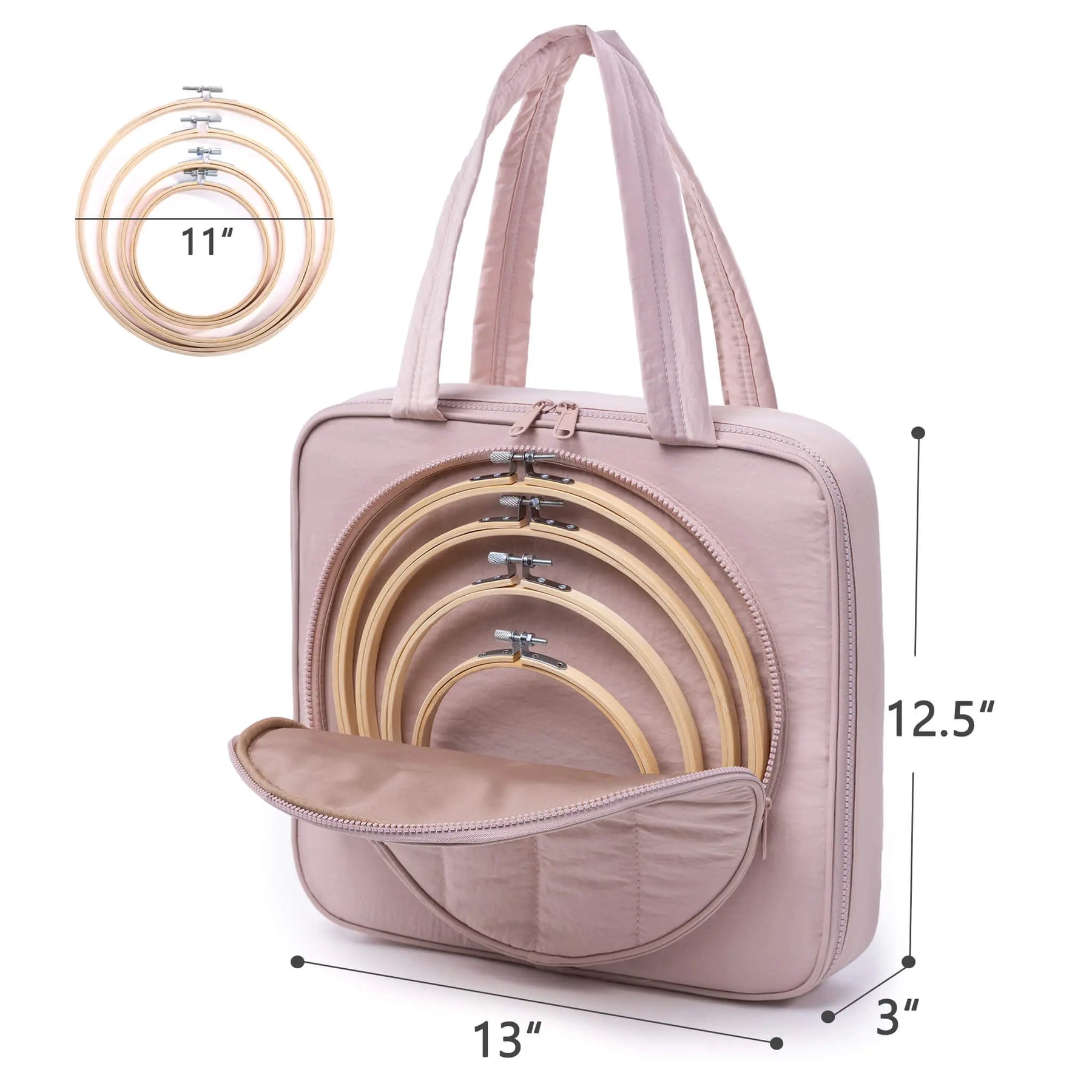 Zingcrater embroidery storage bag measuring 13 by 12.5 by 3 inches and fitting hoops up to 11 inches