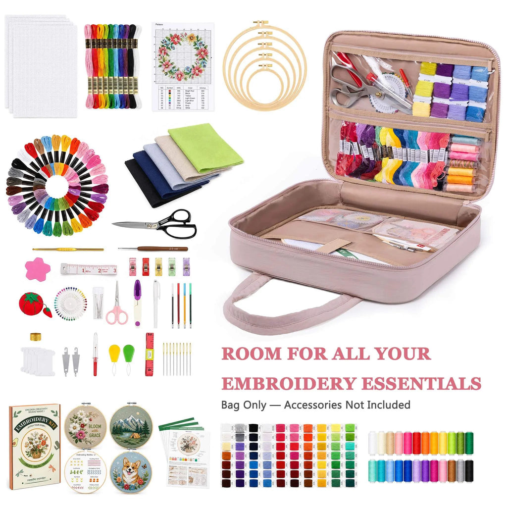 Zingcrater embroidery storage bag with room for hoops, floss, fabric, patterns, scissors, needles, and sewing tools