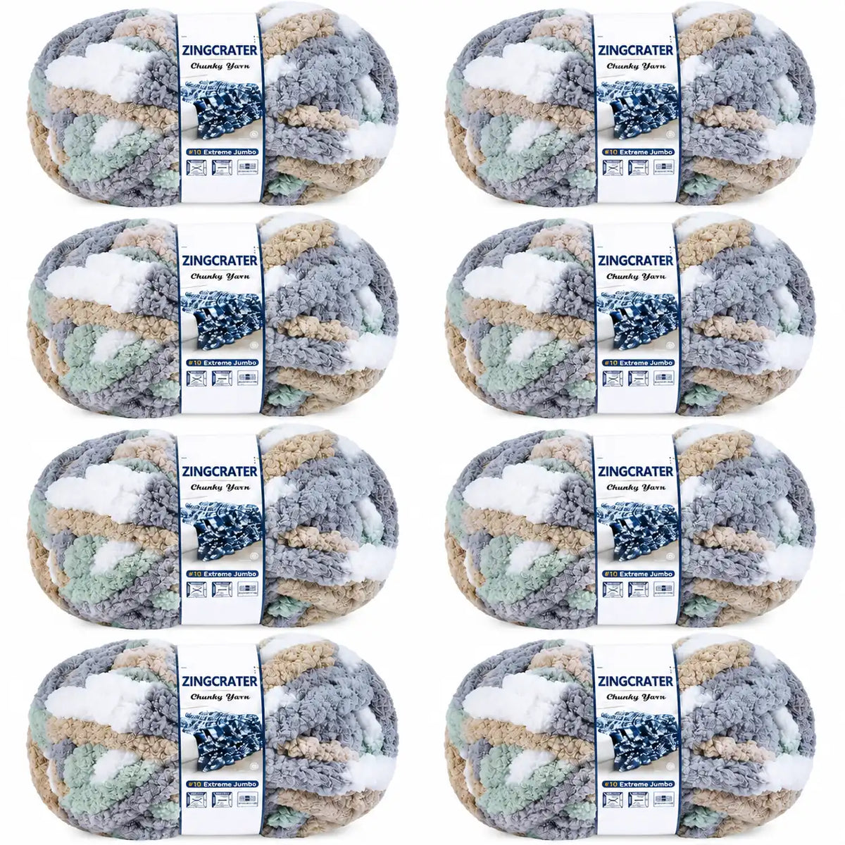 ZINGCRATER #10 extreme jumbo chunky yarn 8 pack for blankets, crochet and hand knitting