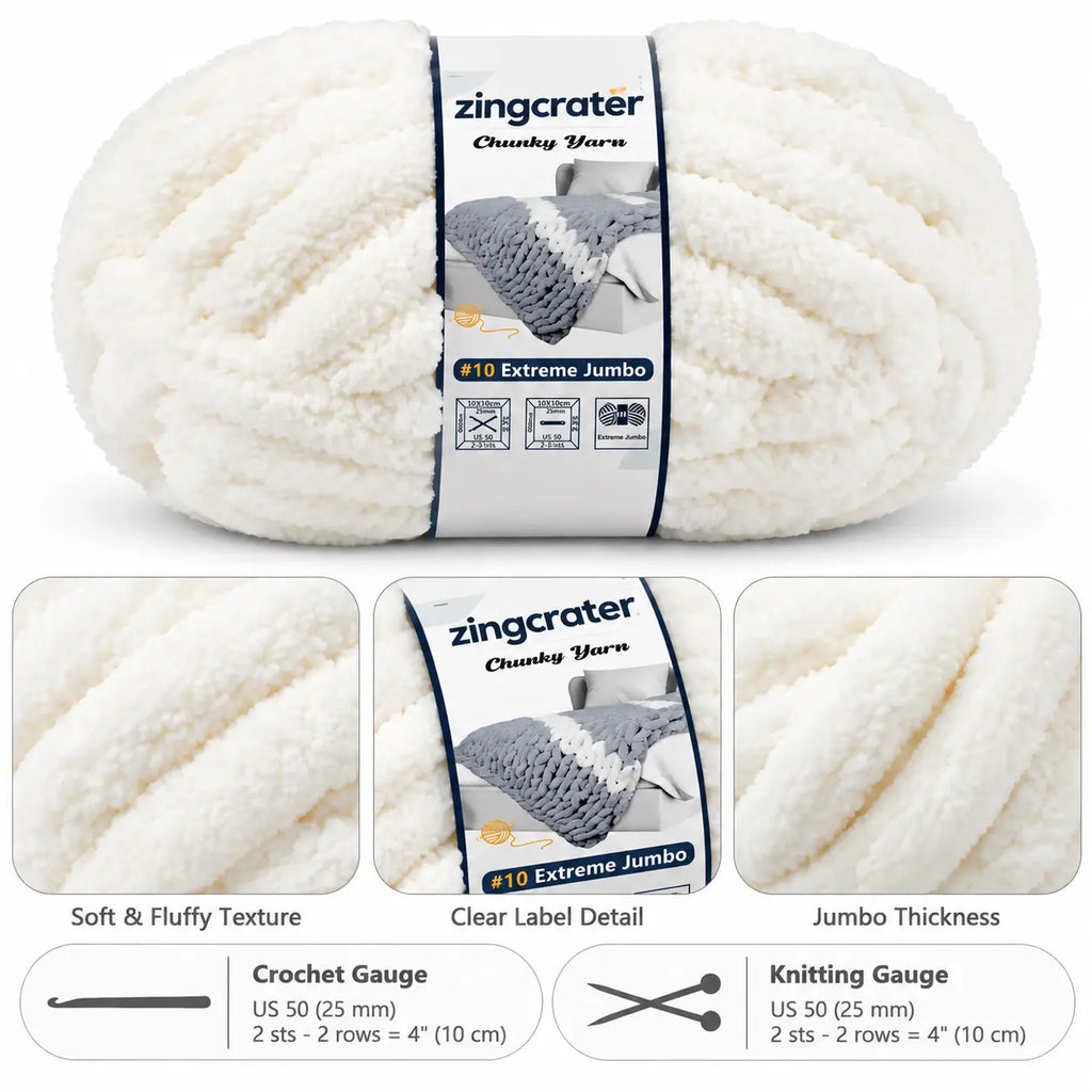 ZINGCRATER #10 extreme jumbo chunky yarn with soft fluffy texture and thick strands for crochet and hand knitting projects